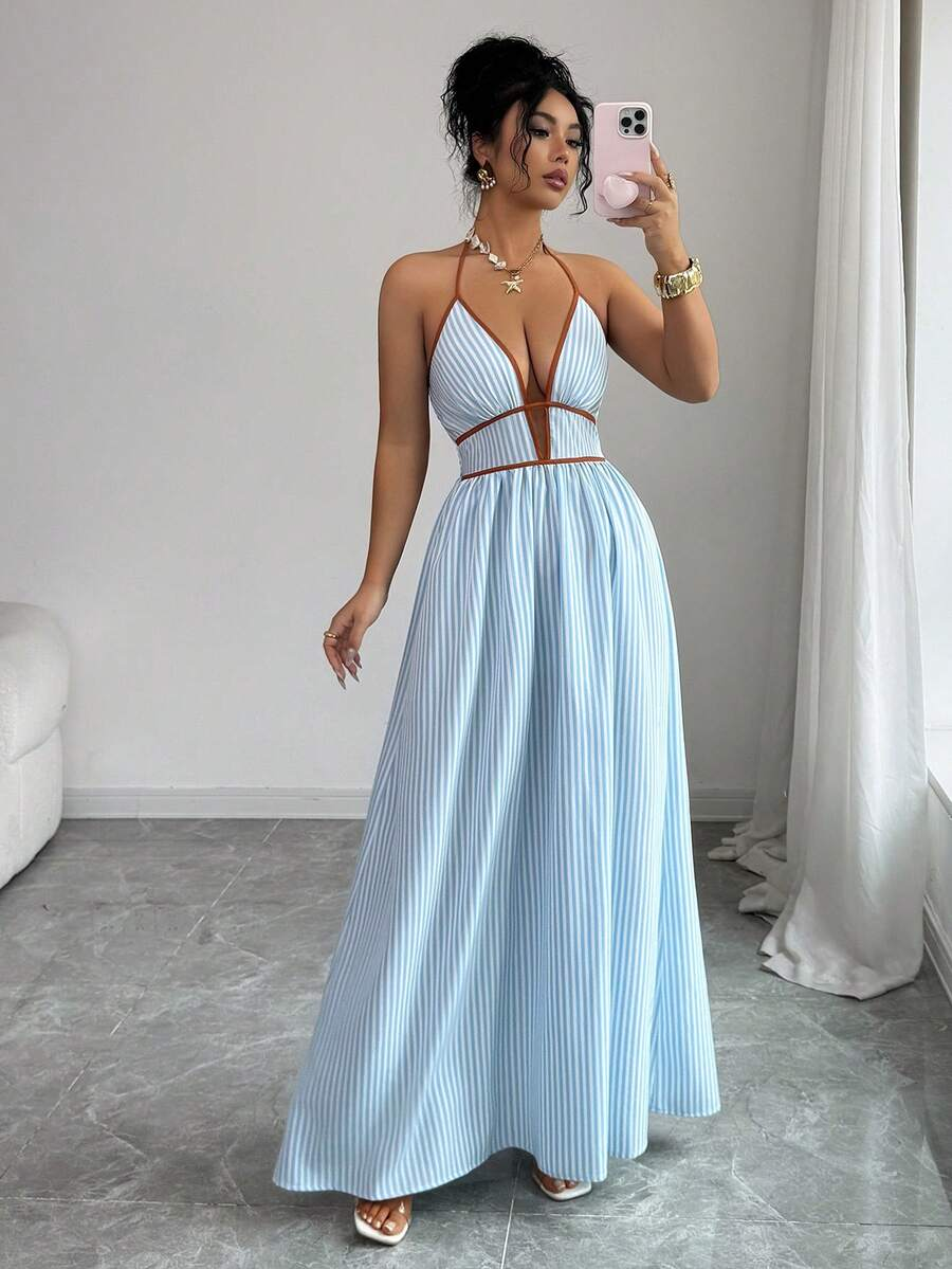 Elenzga Tall Women's Striped Halter Long Cami Dress Sleeveless Blue Flared Hem Beach Style Party Elegant