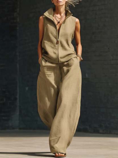 Stylish Stand-up Collar Zipper Linen Cotton Two-piece Set