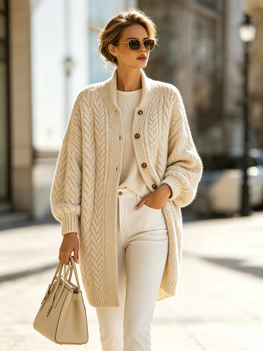 Schicker, gemütlicher Oversize-Cardigan aus einer Wollmischung mit Zopfmuster