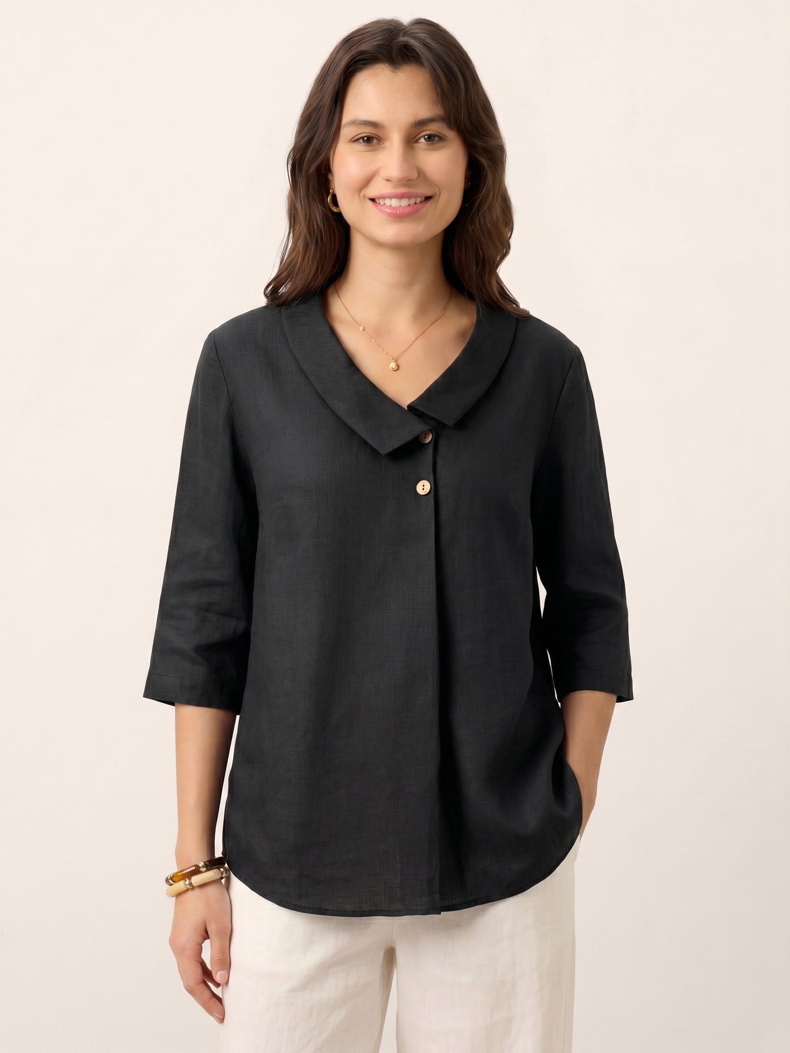 Women's 100% Linen Long-Sleeve Top with Asymmetric Neckline and Inverted Pleat