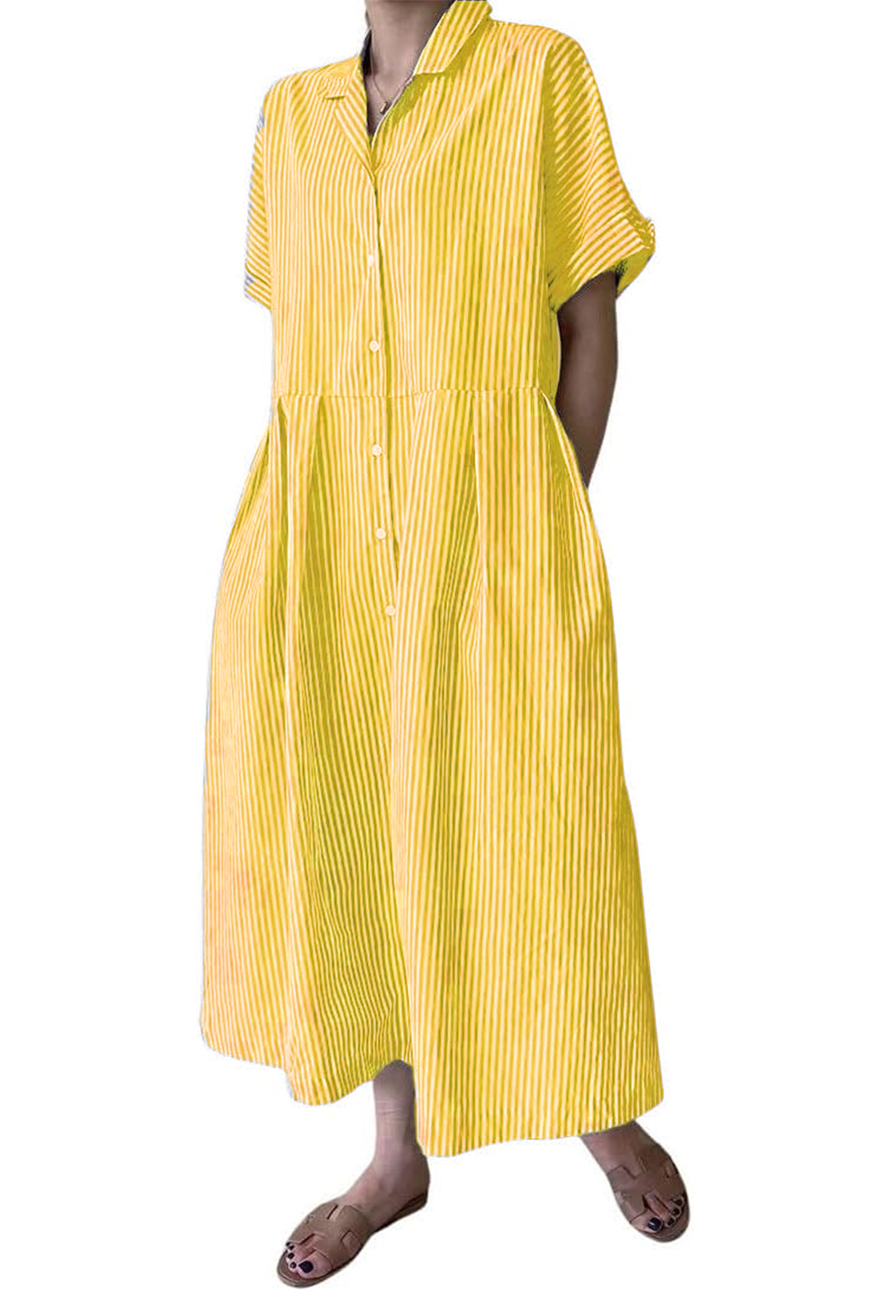 Women's Cotton Striped Shirt Dress Button Up Short Sleeve Midi Long Shift Dress with Pockets(Buy 2 free shipping)
