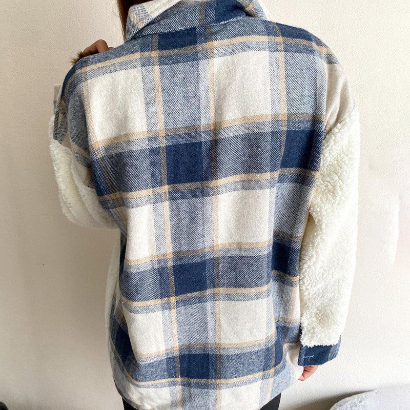 Fashion Casual Plaid Print Patchwork Cardigan Turndown Collar Outerwear