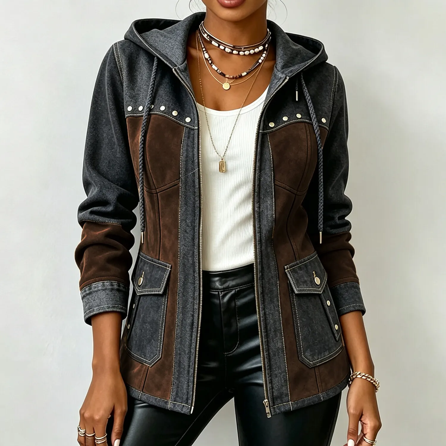 Women's Casual Color‐Block Splicing Drawstring Hood Zip‐Up Rivet Stud Decoration Pockets Long Sleeve Jacket