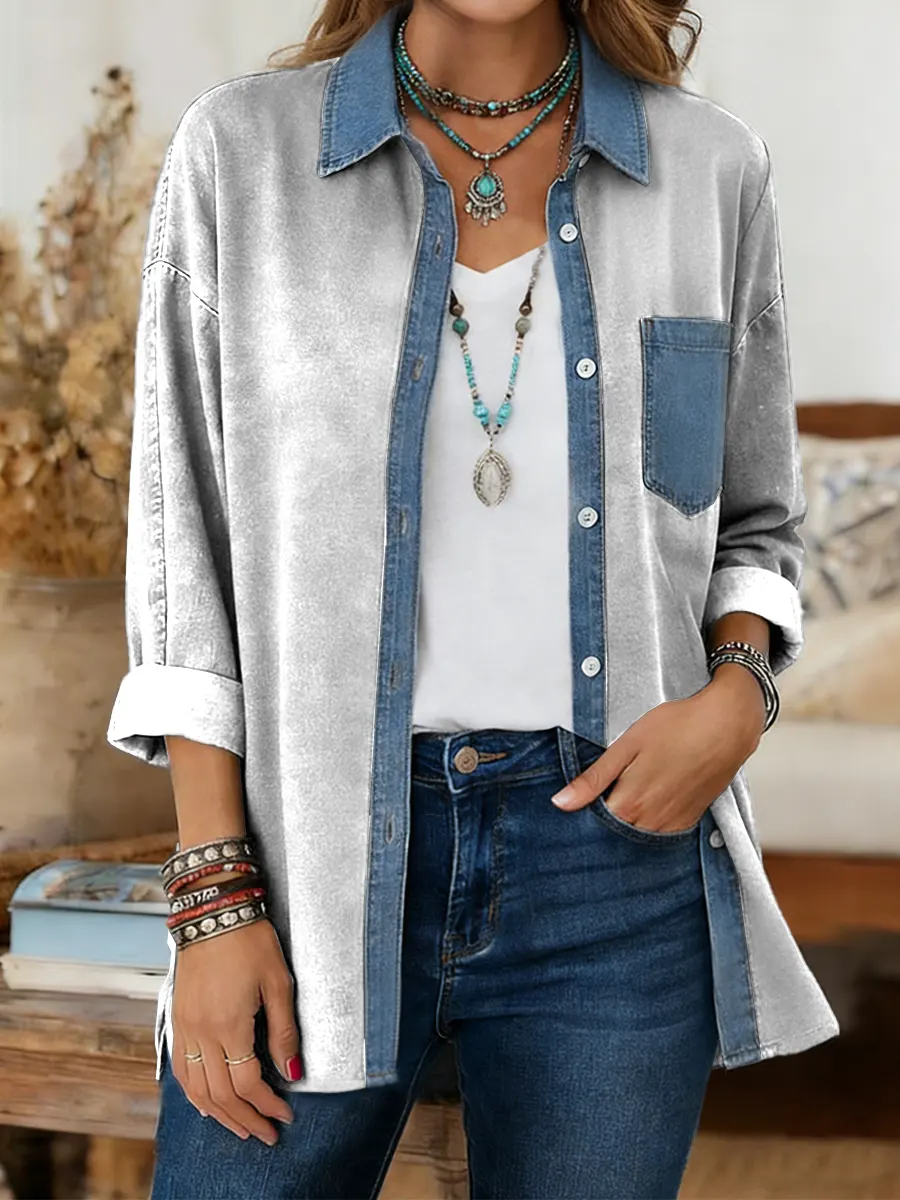 CLEARANCE SALE🔥  Women's Print Casual Denim Patchwork Cotton Shirt