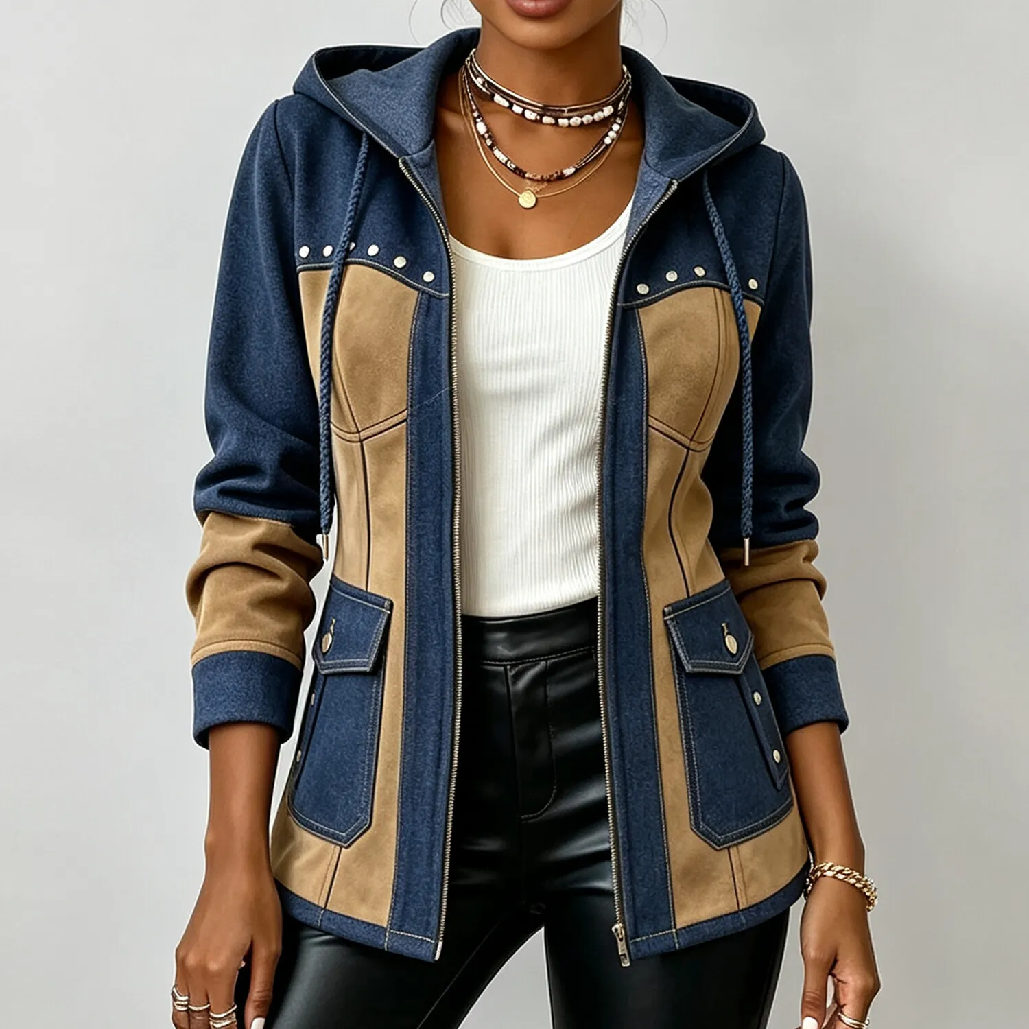 Women's Casual Color‐Block Splicing Drawstring Hood Zip‐Up Rivet Stud Decoration Pockets Long Sleeve Jacket