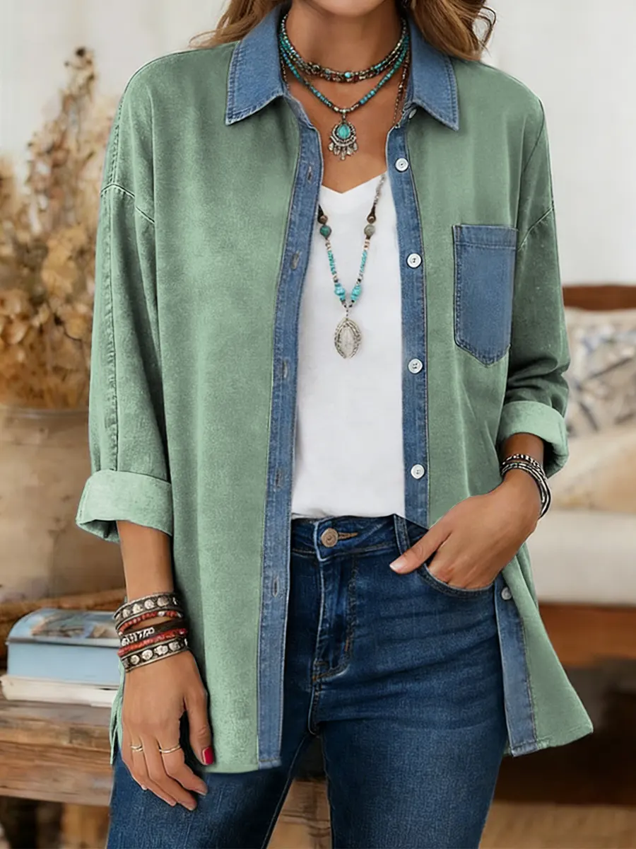 CLEARANCE SALE🔥  Women's Print Casual Denim Patchwork Cotton Shirt