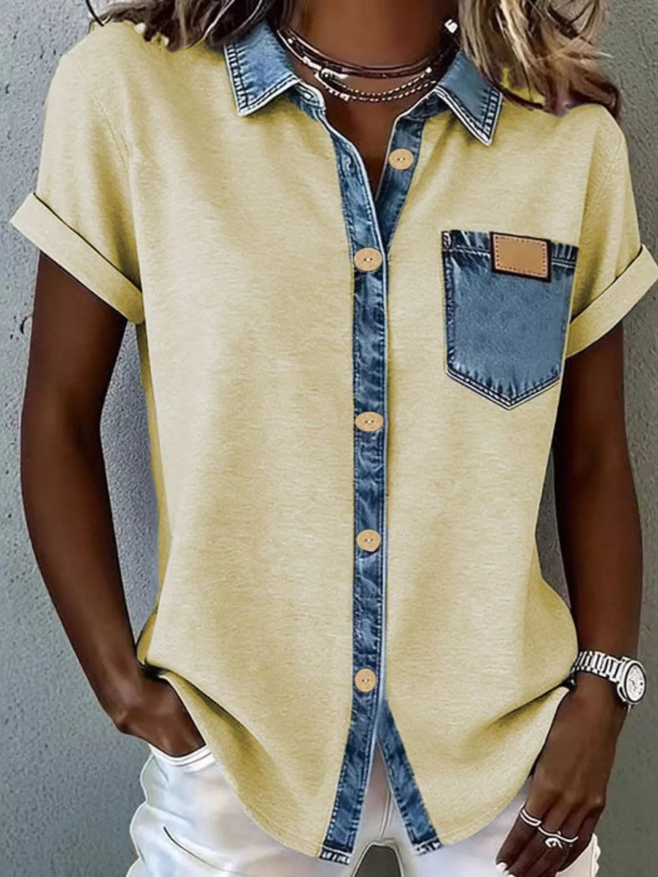 CLEARANCE SALE🔥Denim Trim Short Sleeve Shirt