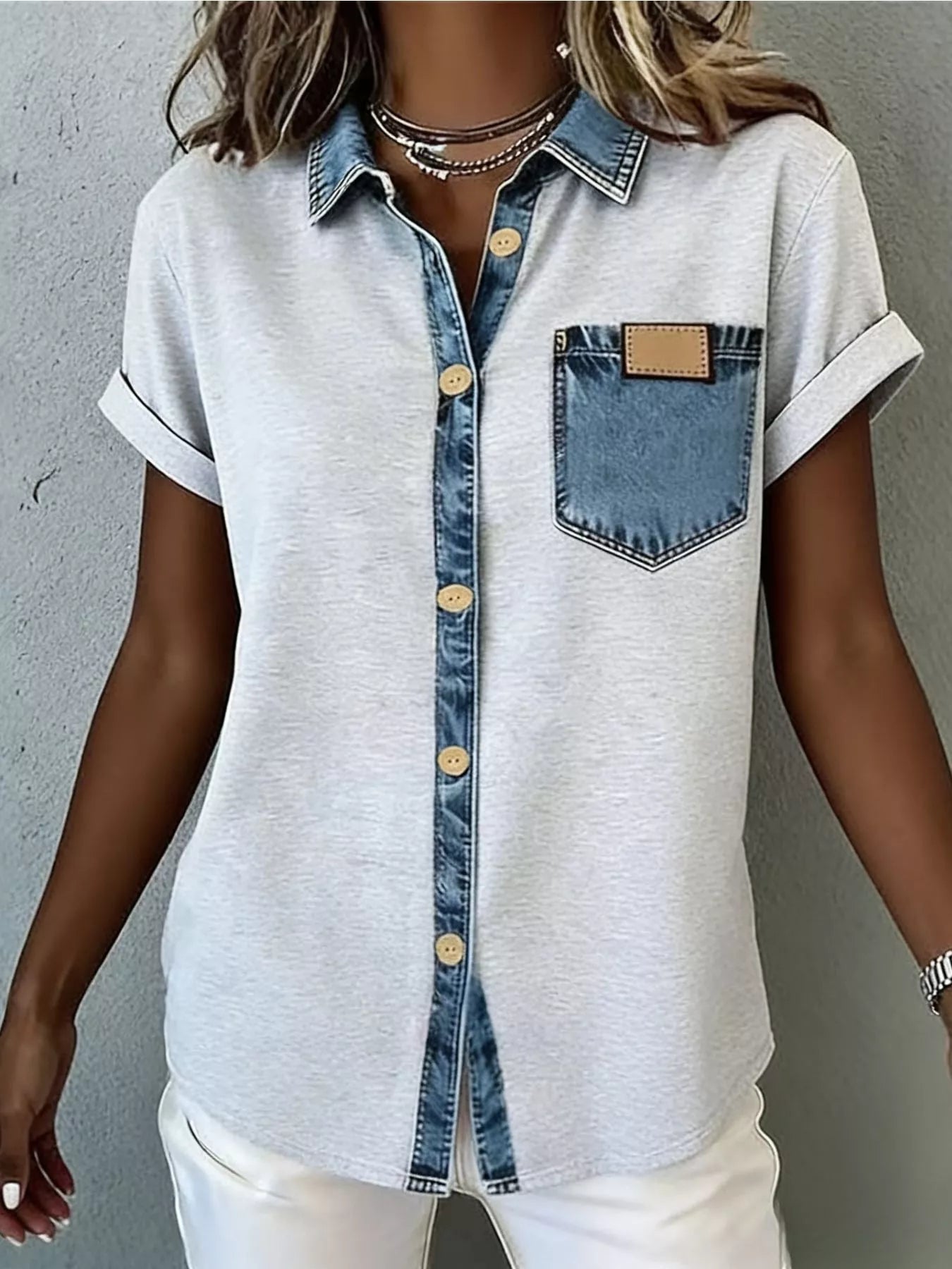 CLEARANCE SALE🔥Denim Trim Short Sleeve Shirt