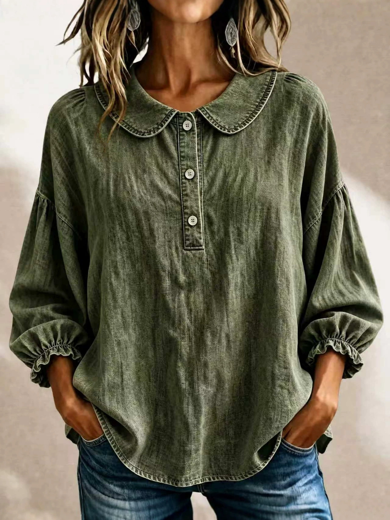 Today 49% off🔥Women’s Denim Square-Neck Three-Quarter Sleeve Top
