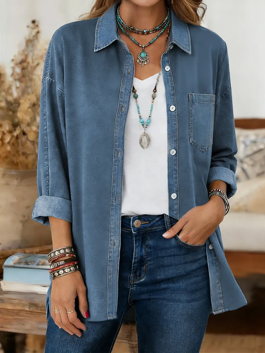 CLEARANCE SALE🔥  Women's Print Casual Denim Patchwork Cotton Shirt