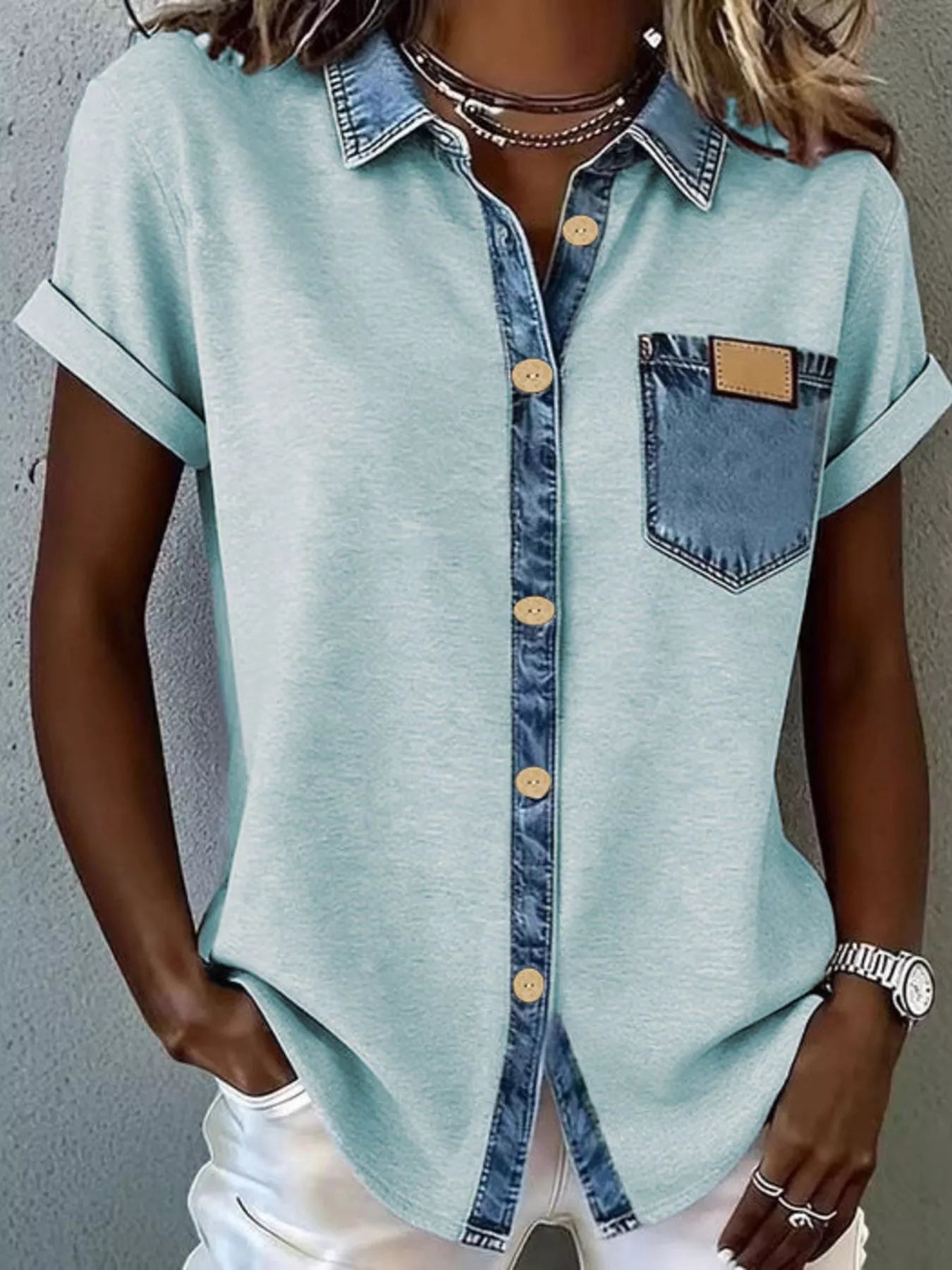 CLEARANCE SALE🔥Denim Trim Short Sleeve Shirt