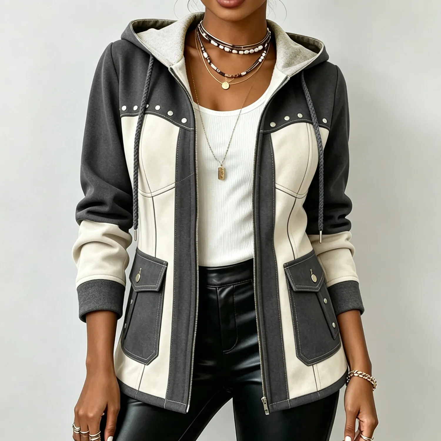 Women's Casual Color‐Block Splicing Drawstring Hood Zip‐Up Rivet Stud Decoration Pockets Long Sleeve Jacket
