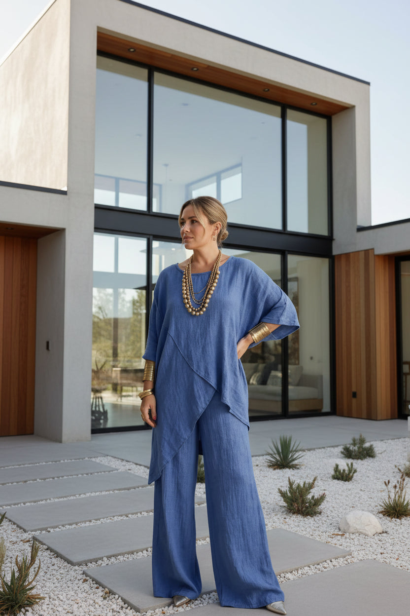 Hot Sale 🔥Cotton Linen Crew-Neck Drop-Shoulder Three-Quarter Sleeve Loose Two-Piece Set