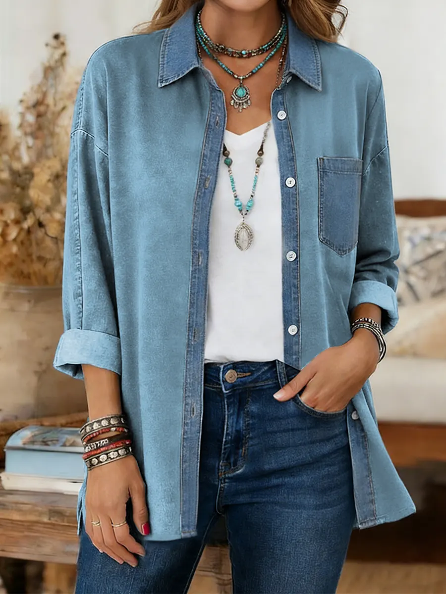 CLEARANCE SALE🔥  Women's Print Casual Denim Patchwork Cotton Shirt