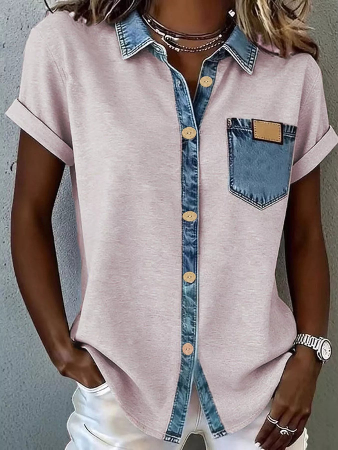 CLEARANCE SALE🔥Denim Trim Short Sleeve Shirt
