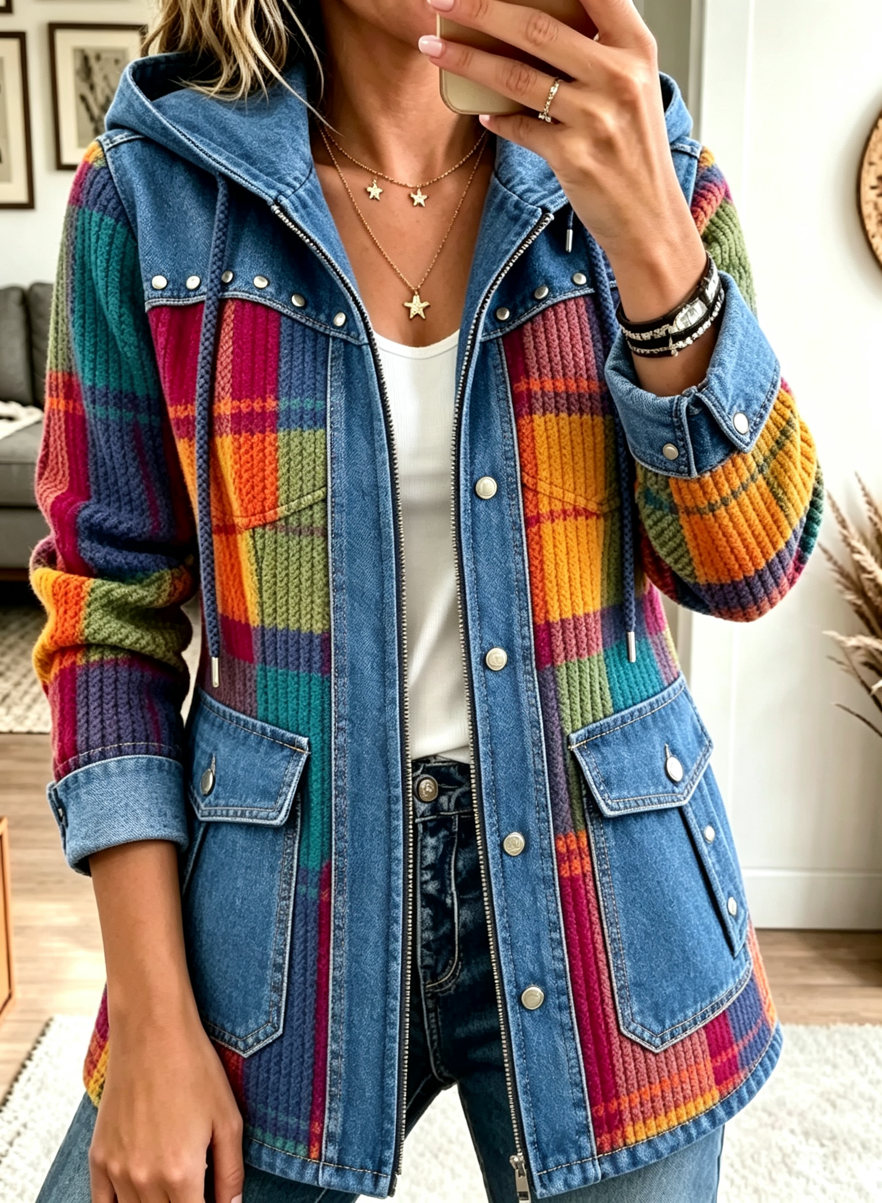 Women's Casual Color‐Block Splicing Drawstring Hood Zip‐Up Rivet Stud Decoration Pockets Long Sleeve Jacket