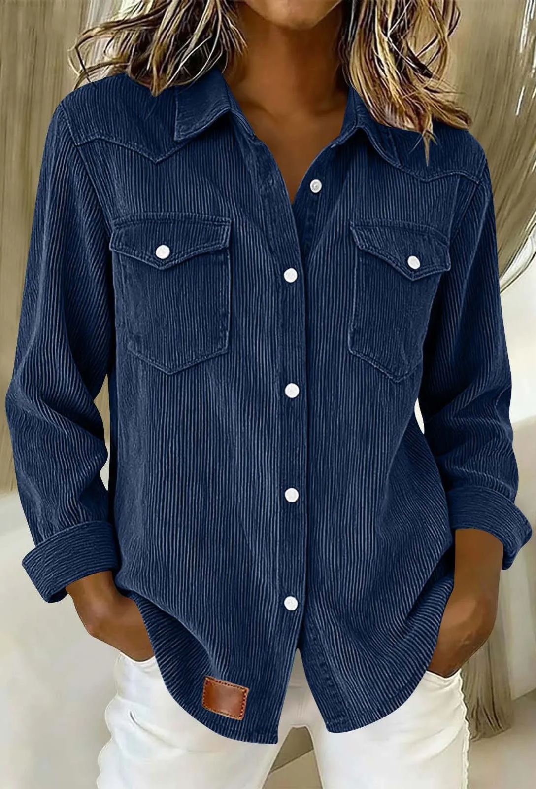 Women's Vintage Corduroy Long Sleeve Shirt Casual Button-Down Shacket with Pockets