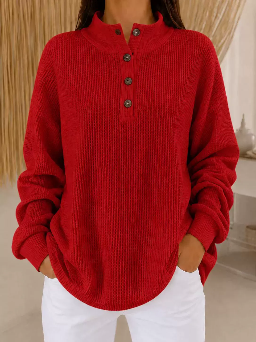 Women's Solid Color Crew Neck Long-Sleeve Loose Button-Up Shirt – Stylish Casual Style