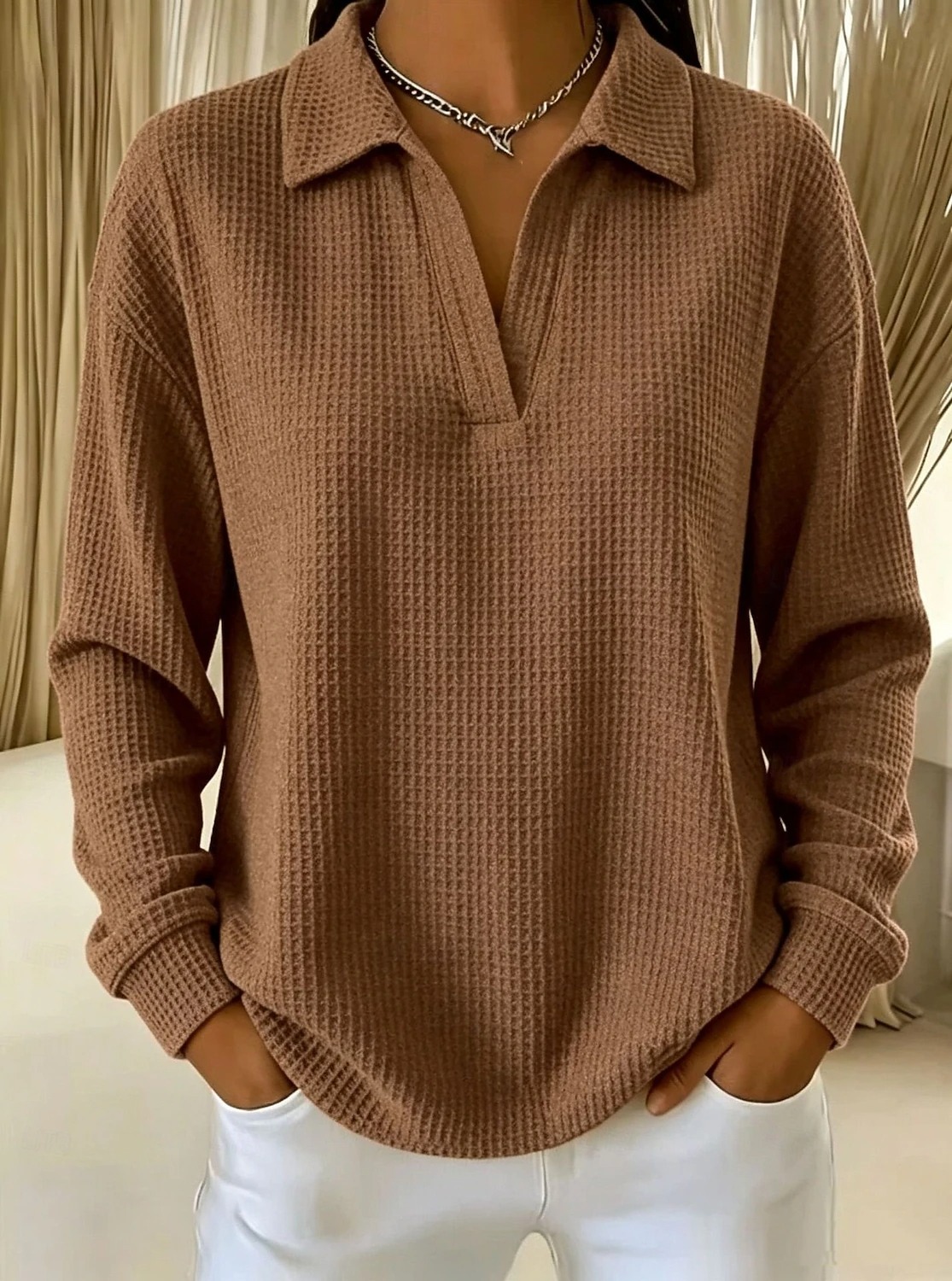 Women Oversized Polo Collar Waffle Blouse