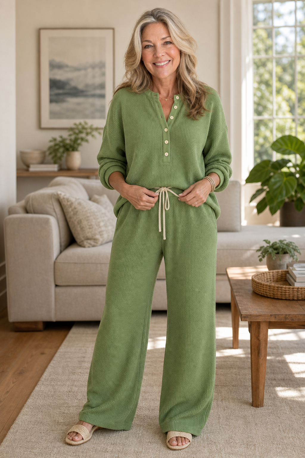 Women's Waffle‑Look Drawstring Lounge Set