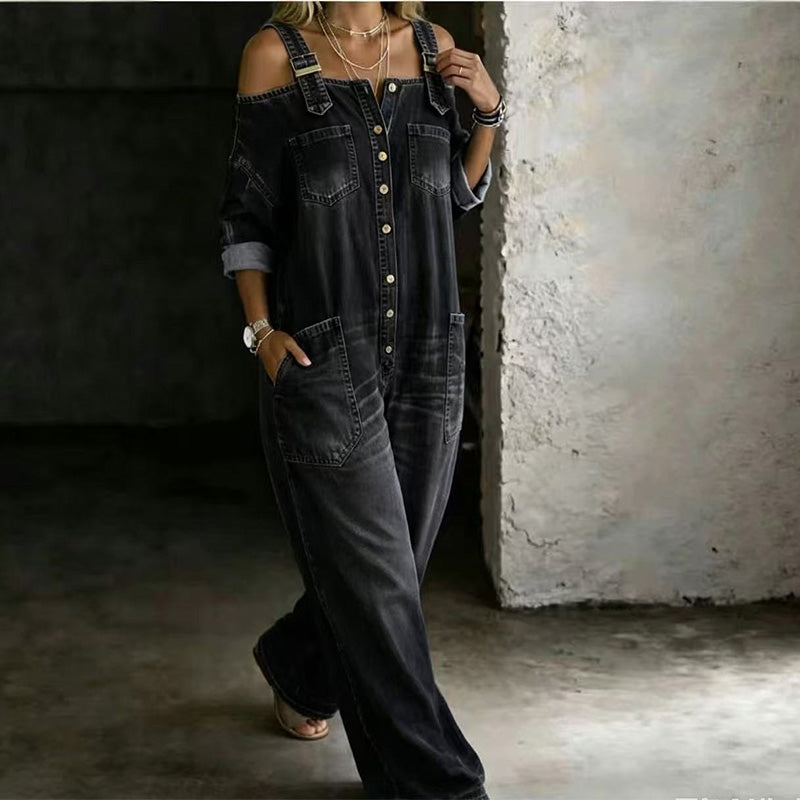 Denim Jumpsuit with Exposed Shoulders