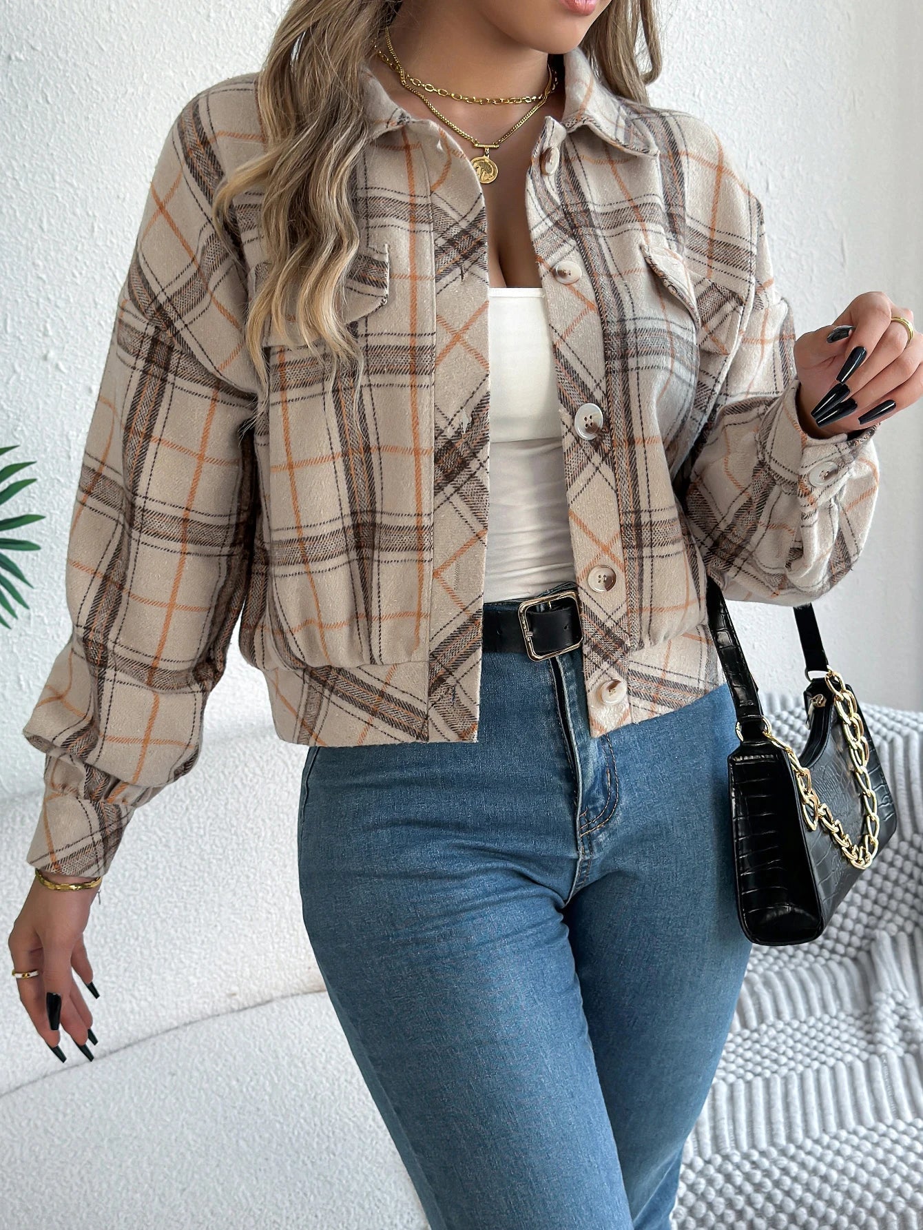 Women's Cropped Plaid Shacket, Flannel Button Up Shirt Jacket