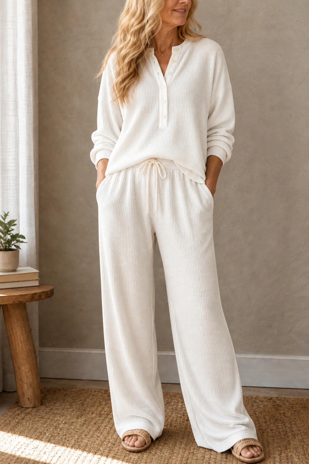 Women's Waffle‑Look Drawstring Lounge Set