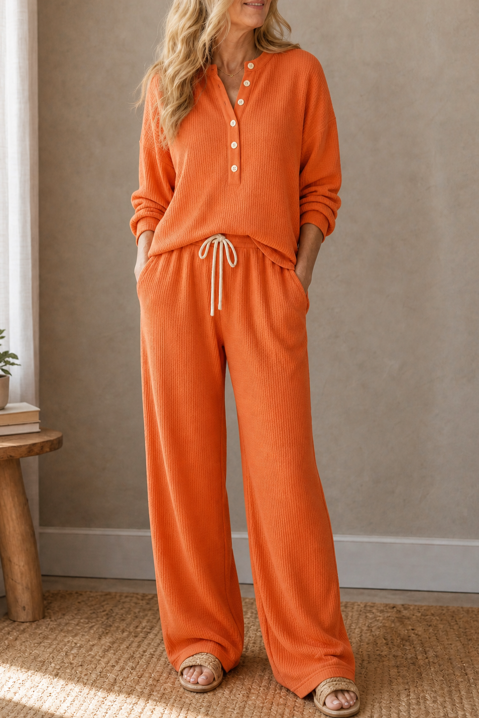 Women's Waffle‑Look Drawstring Lounge Set
