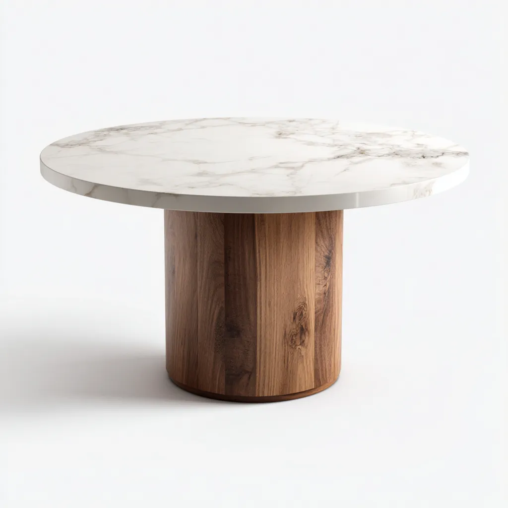 Tavolo da pranzo rotondo effetto marmo 120×120×75 cm - bianco e marrone - base centrale-Valaostudio