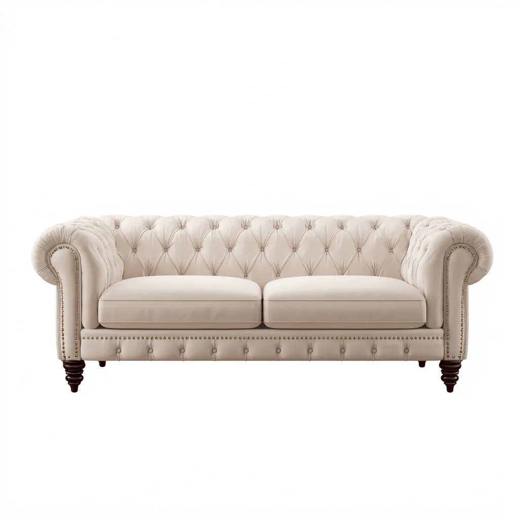 Divano 2 posti 178×86×82 cm - tessuto imbottito - crema - stile classico capitonné con braccioli curvi-Valaostudio
