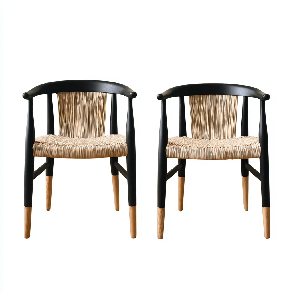 Set 2 sedie da pranzo 57×55×78 cm - intreccio naturale - nero e naturale - schienale curvo con braccioli-Valaostudio