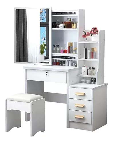 Tocador Multifuncional Moderno Con Espejo, Silla Y 4 Cajones