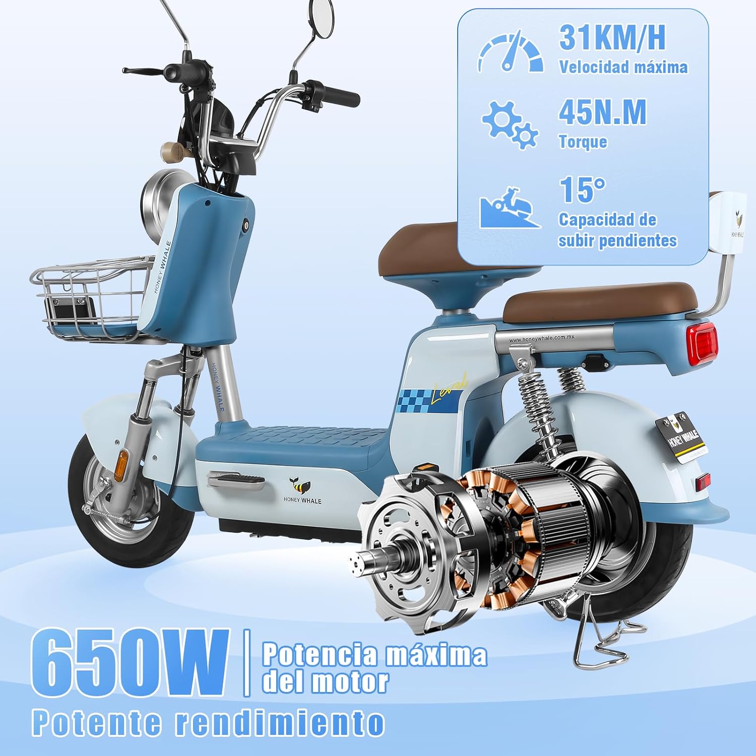 HONEYWHALE U3 PRO Bicicleta Electrica para Adultos, Moto Electrica con Alarma, Potencia Motor 650W-Max, Velocidad 31KM/H-Max, Autonomia 60KM, Bateria 20AH de Gran Capacidad