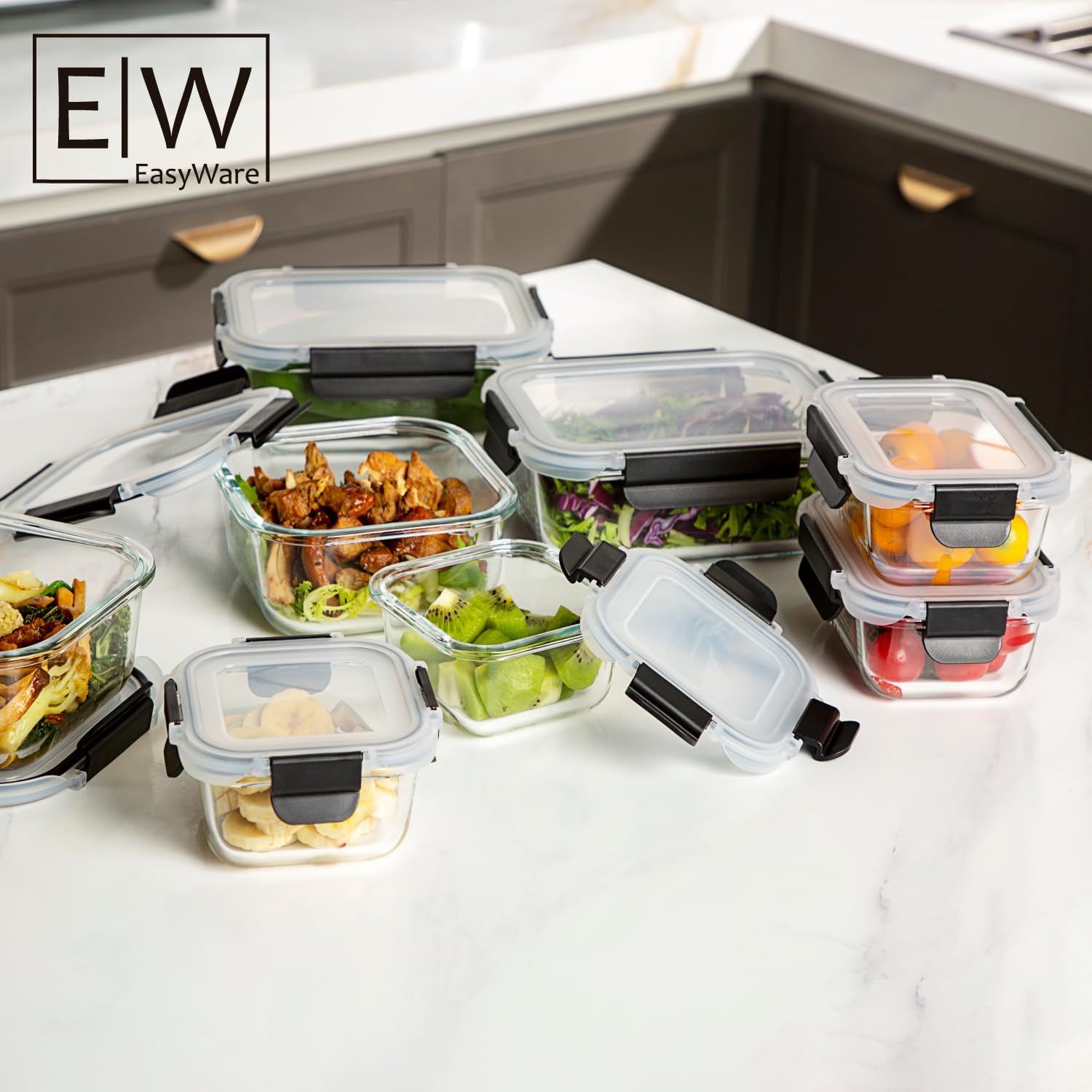 EasyWare JUEGO DE RECIPIENTES DE VIDRIO HERMÉTICO, CONTENEDORES Para Alimentos con Tapas Cierre Fácil, Refractarios para Cocina, Horno, Refrigerador Congelador (JUEGO 10 RECIPIENTES (20 PZ))