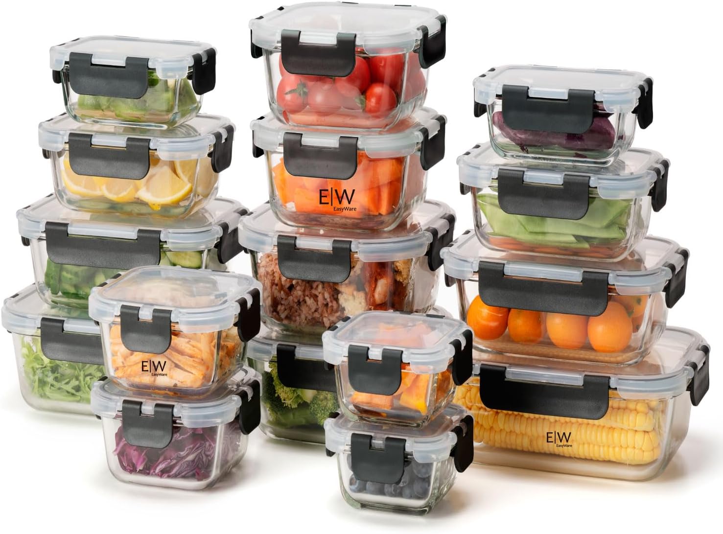 EasyWare JUEGO DE RECIPIENTES DE VIDRIO HERMÉTICO, CONTENEDORES Para Alimentos con Tapas Cierre Fácil, Refractarios para Cocina, Horno, Refrigerador Congelador (JUEGO 10 RECIPIENTES (20 PZ))