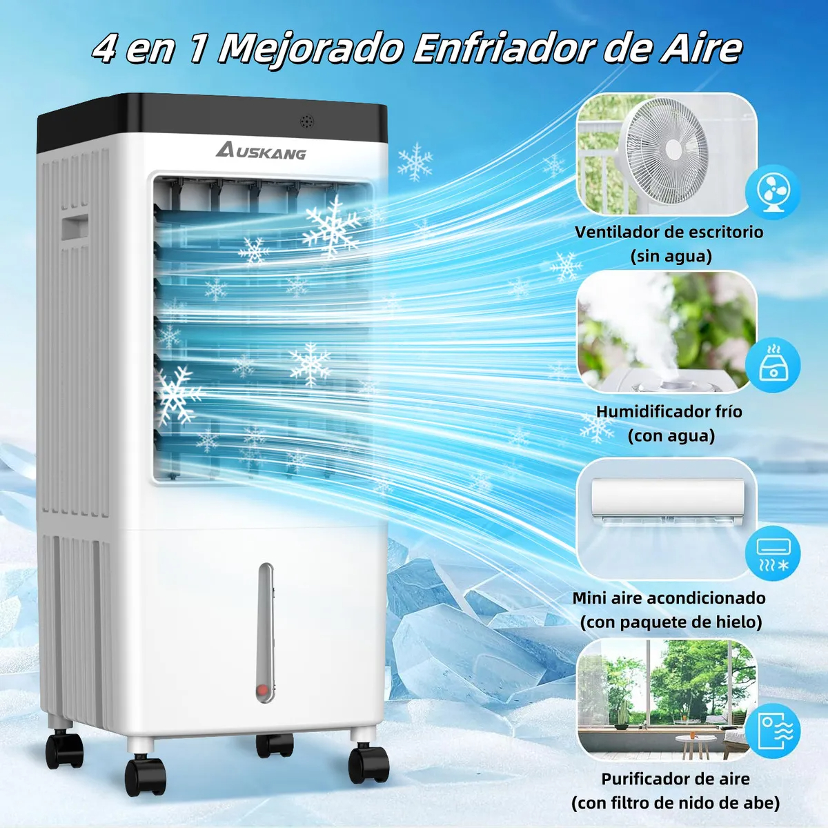 Auskang Aire Acondicionado Portátil 10L - 4 en 1 Enfriador de Aire,Ventilador de Frío Portátil Silencioso con 3 Cajas de Hielo,Control Remoto y Temporizador para Dormitorio Habitación Oficina