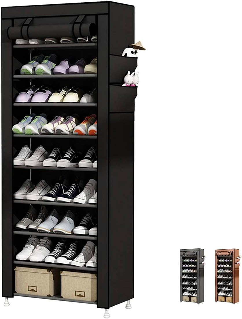 Raganet, Zapatera de 9 Niveles, Closet Plegable para Calzado y Prendas de Vestir, Estante Organizador Ajustable (Negro)