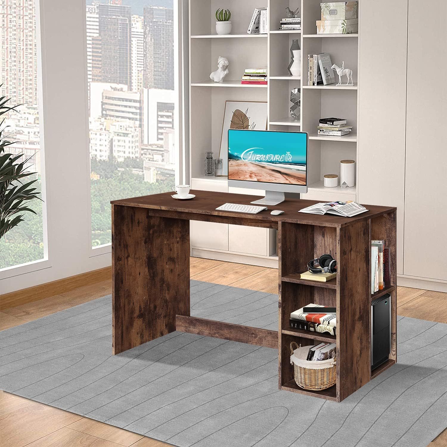 FurnitureR Escritorio para Computadora de Oficina con Almacenamiento Escritorio de Trabajo y Estudio con 5 Estantes Mesa Portátil para Estudiantes Escritorio de Escritura Moderno Haya y Blanco-Bolígrafo de carbono metálico, bolígrafo de firma negro.