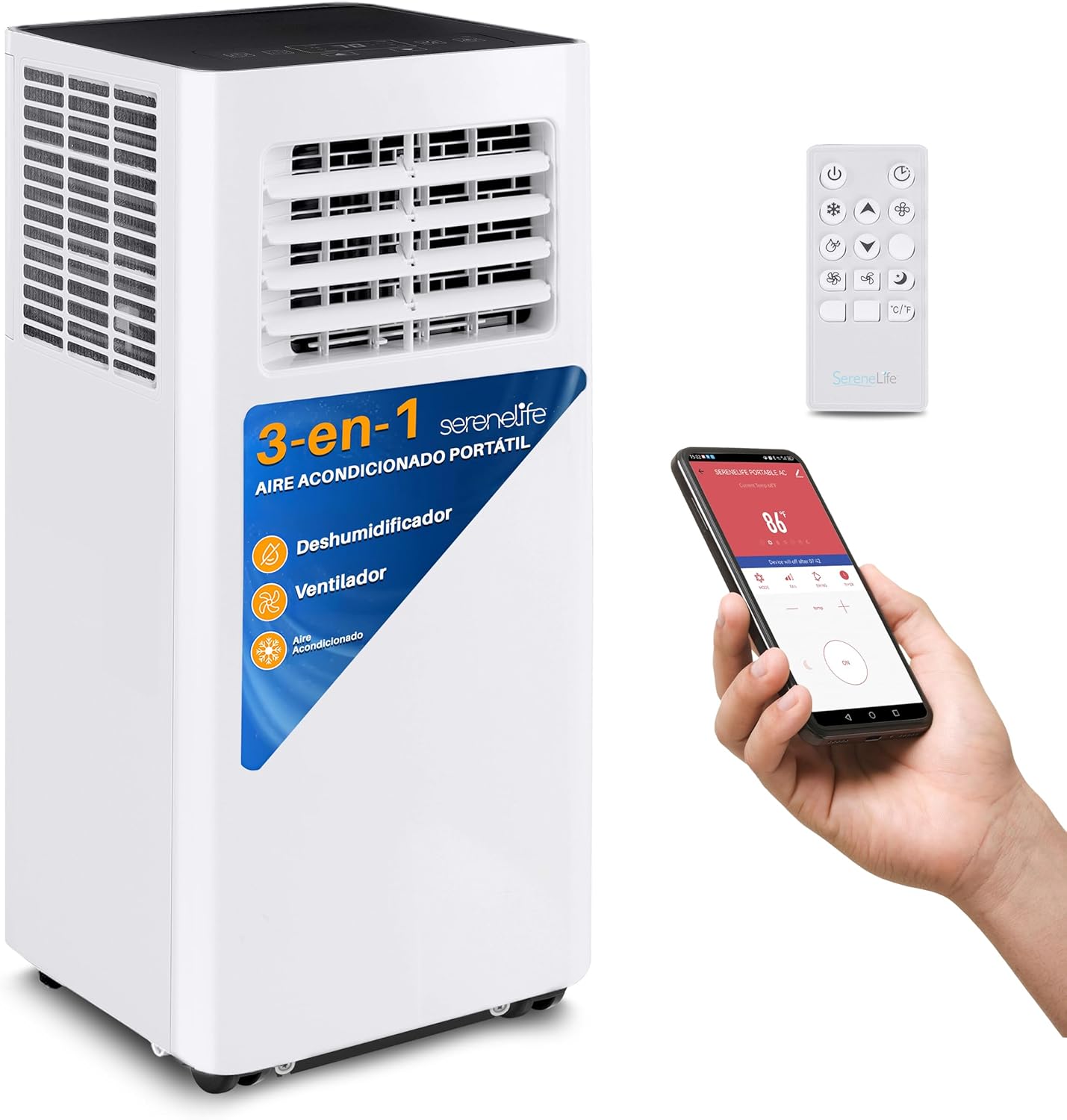 SereneLife Aire Acondicionado Portátil 10000 BTU WiFi con Deshumidificador Incorporado, para habitaciones de hasta 42mts, Control Remoto y App, Incluye Kit de Montaje para Ventana