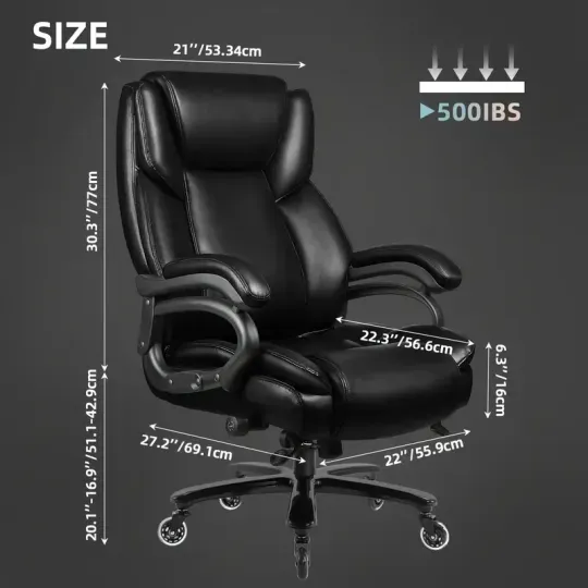 Silla de Oficina Ergonómica de Tamaño Grande 500lbs de Alta Resistencia - Asiento Ejecutivo de Respaldo Alto con Soporte Lumbar, Ruedas de Goma Silenciosas y Diseño Alto y Ancho para Alivio del Dolor de Espalda Baja