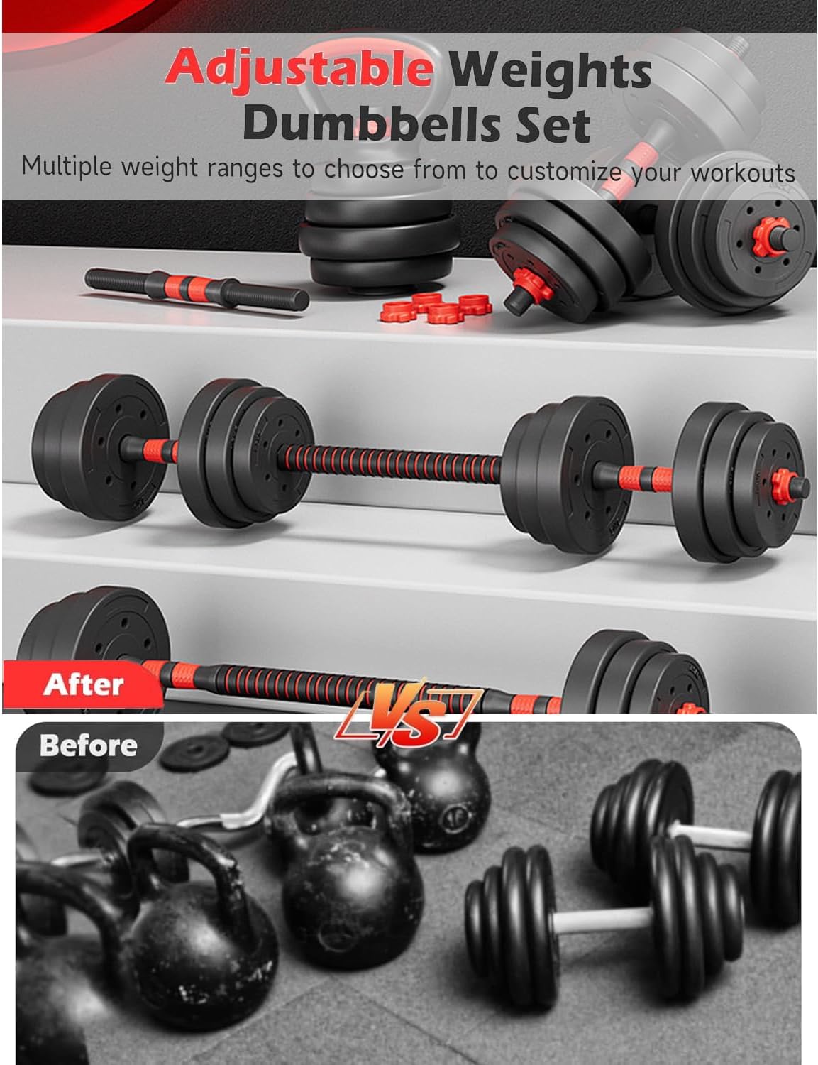 Kit de Pesas y Mancuernas Regulables, Múltiples Opciones 10/20/30/40Kg, con Barra Adicional para Ejercicio en Casa Multi Usos, Set de Mancuernas Ajustables con Varilla de Conexión, con Discos de Pesas Gimnasio