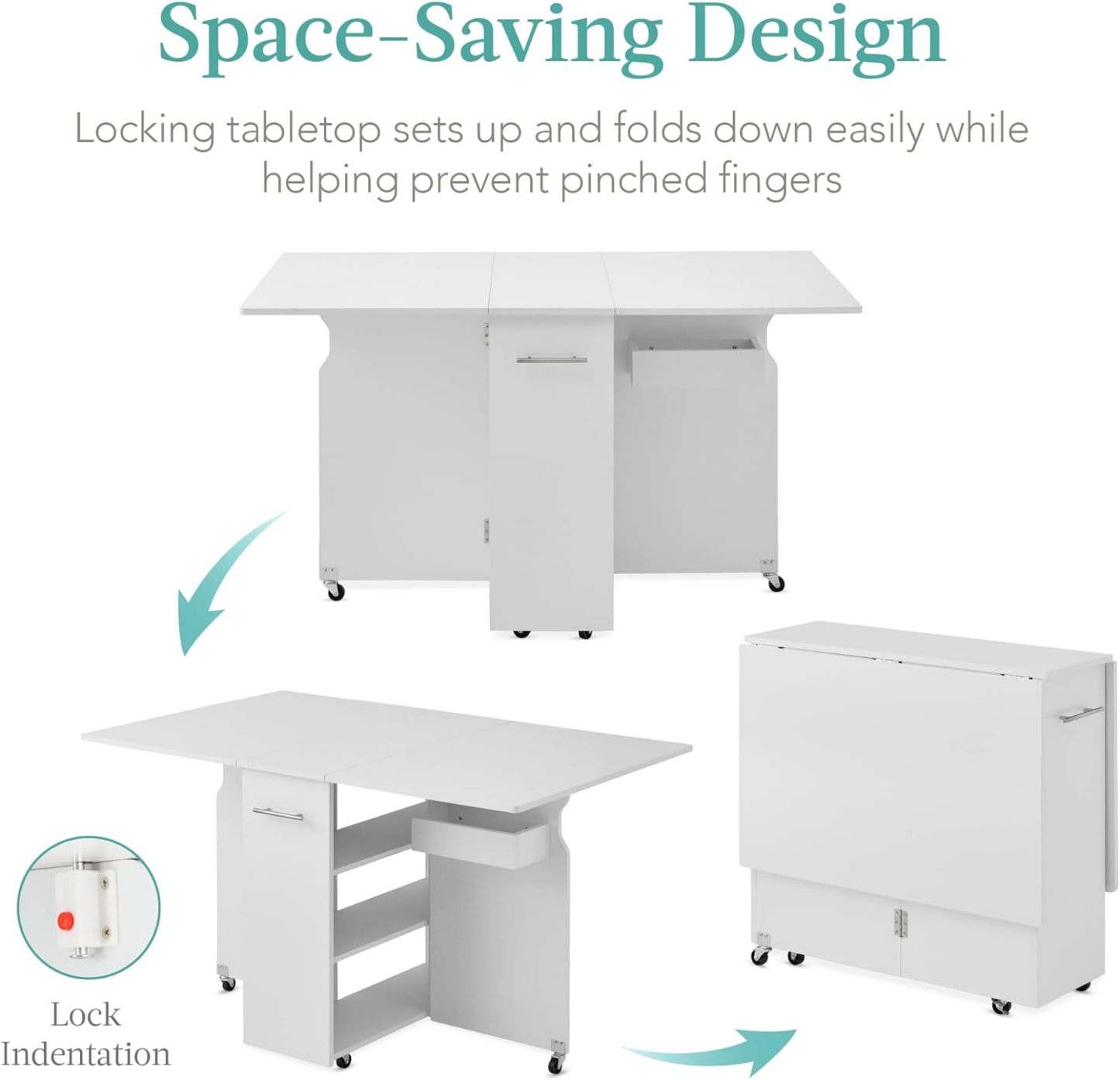 Best Choice Products - Mesa de comedor plegable, multiusos para ahorrar espacio, con ruedas, 3 estantes de almacenamiento, color café