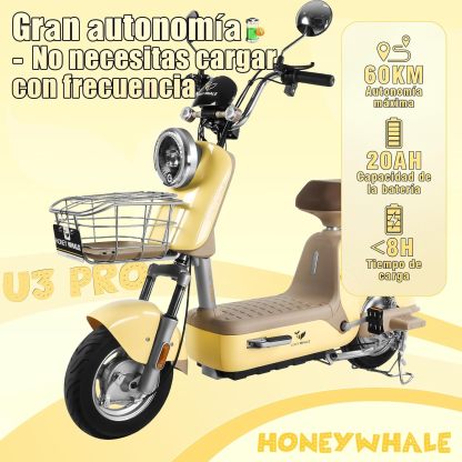 HONEYWHALE U3 PRO Bicicleta Electrica para Adultos, Moto Electrica con Alarma, Potencia Motor 650W-Max, Velocidad 31KM/H-Max, Autonomia 60KM, Bateria 20AH de Gran Capacidad