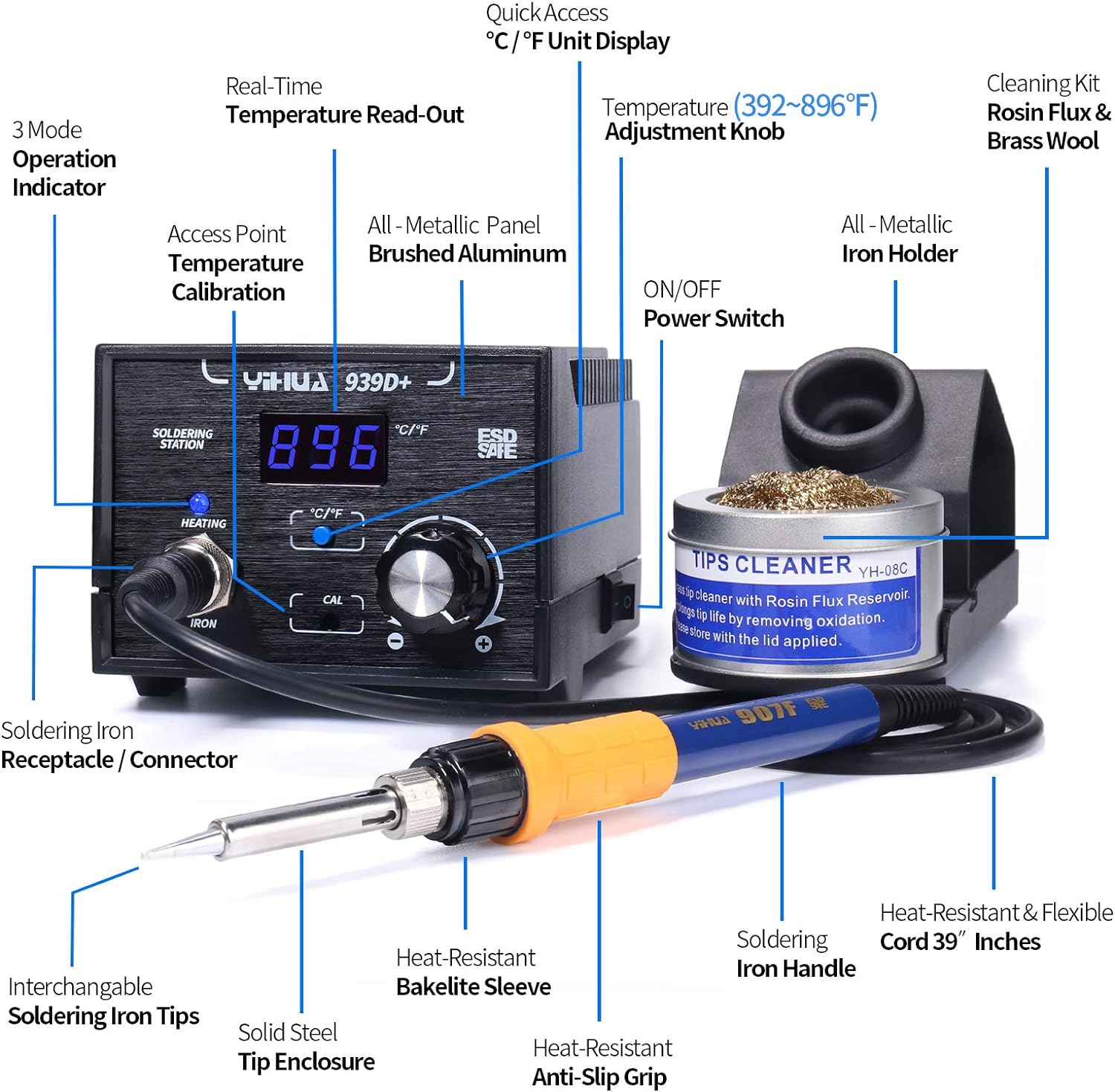 YIHUA 939D+ III EVO Kit de estación de soldador digital de 110 W de alta potencia con visualización LCD, 4 canales de memoria, modo de suspensión, calibración digital, cable de soldadura, manos