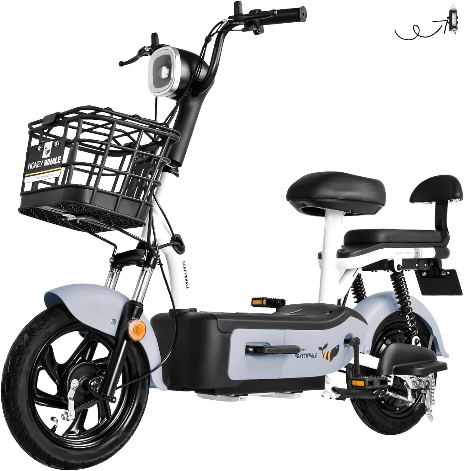 HONEYWHALE U1s Bicicleta eléctrica para adultos, bicicleta eléctrica con alarma, motor máximo 650W, velocidad máxima 31KM/H, autónoma 60-65KM, batería de gran capacidad 20AH, dos asientos