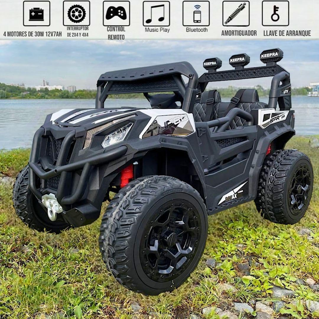 RZR Premium - montable electrico Todo Terreno con 4 Motores de 30 W, Asientos de Piel, Control Remoto, cinturón de Seguridad y Luces LED Brillantes para niños de 3 a 8 años.