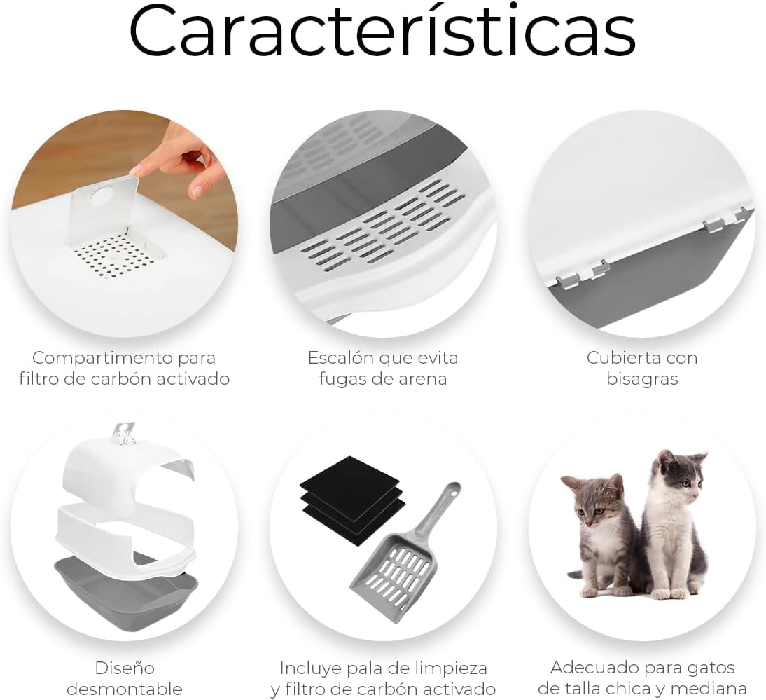 Raganet, Arenero/Inodoro para Gato Cerrado de 50cm X 35cm X 33cm, Caja de Arena para Gatos con Tapa y Puerta Abatible, Antiolores, Facil de Limpiar, Incluye Pala (Gris)