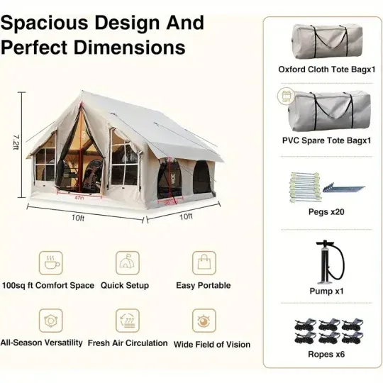 Tienda inflable para acampar 5~8 personas Gran carpa inflable para casa, sin necesidad de montaje Tienda de glamping de lujo, 10x10 pies