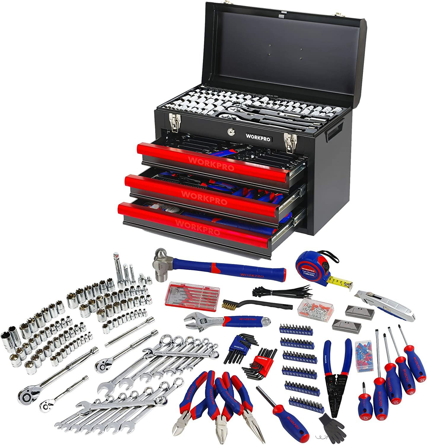 WorkPro - W009044A Juego de máquina herramienta de 408 piezas con caja de metal resistente de 3 cajones