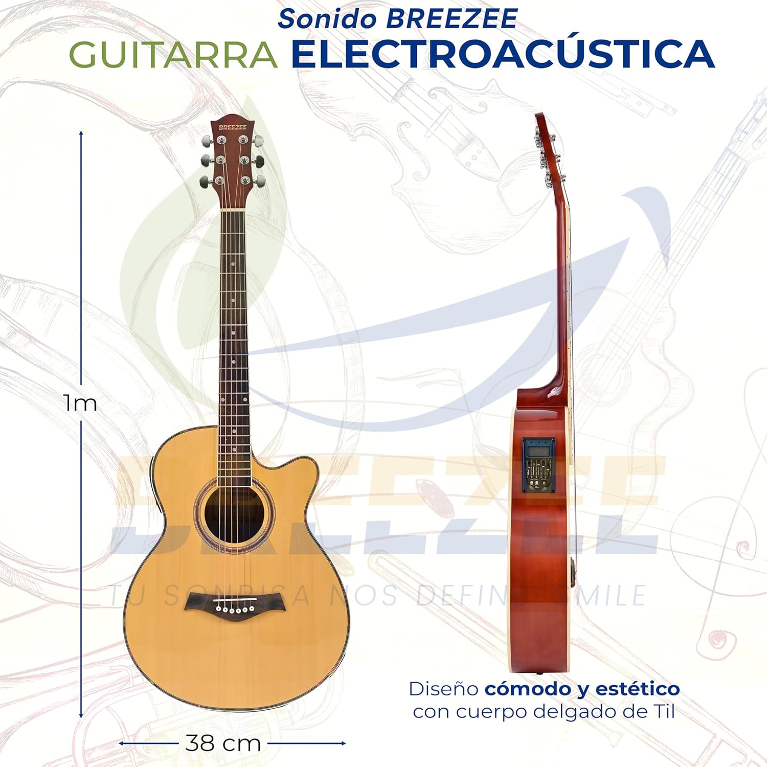BREEZEE Guitarra Electroacústica de 40” Diseñada sobre Abeto, Merbau, Okume y Palisandro. Acabado de Barniz en Pulverización, Incluye Set de Accesorios Completo para Principiante